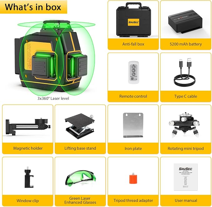 Laser Level 360 Self Leveling, SAVSEC 3 x 360 3D Stepless Dimming(Up to 37H) Green Line Laser, Cross Line Laser Leveler Tool for Construction and Picture Hanging, Rechargeable Battery