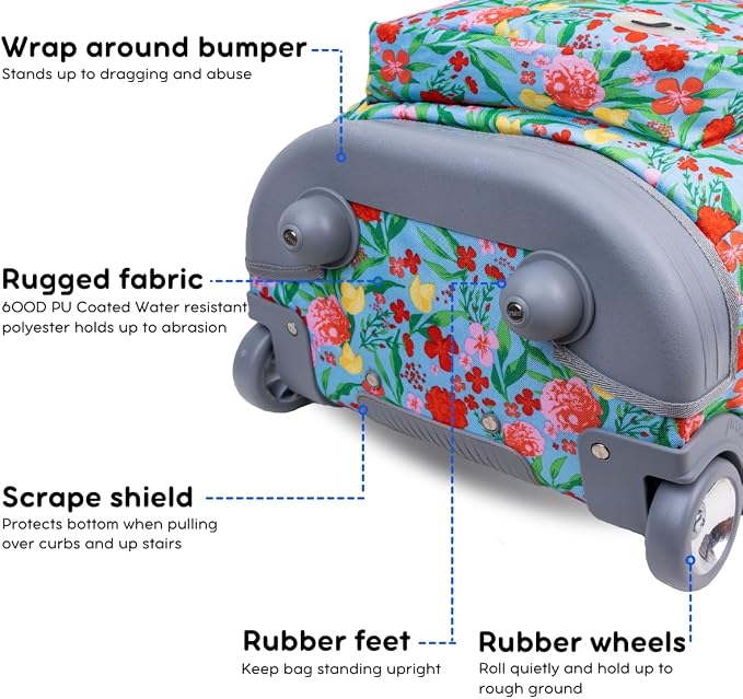 J World Sundance Laptop Rolling Backpack for Girls Boys. Roller Bookbag with Wheels, 20 Inch, Flora