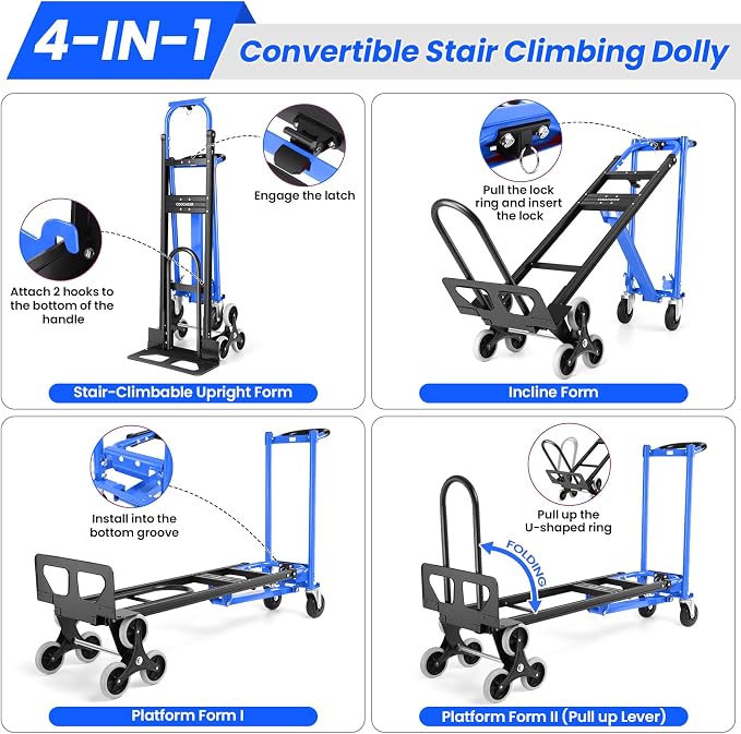 Professional 1000LBS Stair Climbing Hand Truck, Heavy Duty 3-in-1 Aluminum Convertible Dolly Cart with Solid Wheels for Moving, Office, Travel (Blue)