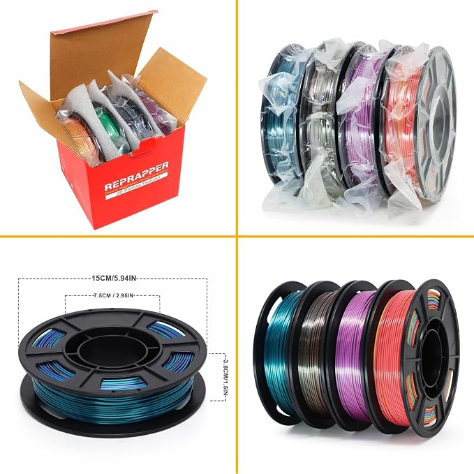 RepRapper Rainbow PLA Filament, Shiny Multicolor Silk PLA 1.75 mm Filament (+-0.03 mm), Sparkle Fast Change Multi-Color 250g*4 Sample Pack 3D Printer Filament for 3D Printer，250g*4