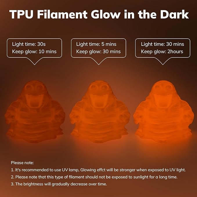 AMOLEN 95A TPU 3D Printer Filament, 1.75mm Glow in The Dark Orange, Soft TPU Flexible 3D Printing Filament, Best with UV Lamps, 1kg Spool, Dimensional Accuracy +/- 0.02 mm, Fit Most 3D Printers