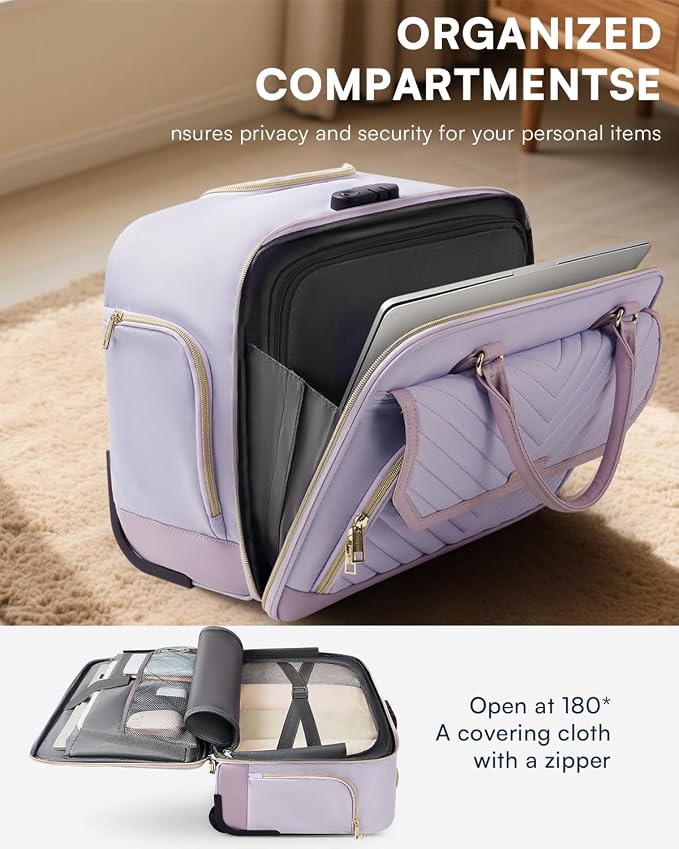 Arcoyard Rolling Laptop Bag Women, Rolling Briefcase for Women for Work, 17 Inch Computer Bag with Wheels, Fashion Flap Laptop Bag With Wheels for Work Business, TSA Friendly Design, Light Purple