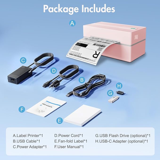 Bluetooth Thermal Shipping Label Printer: 4x6 Wireless Label Maker with Tape for Small Business - Compatible with iPhone, Android, Windows & Mac, Widely Used for USPS UPS Amazon Shopify, Pink