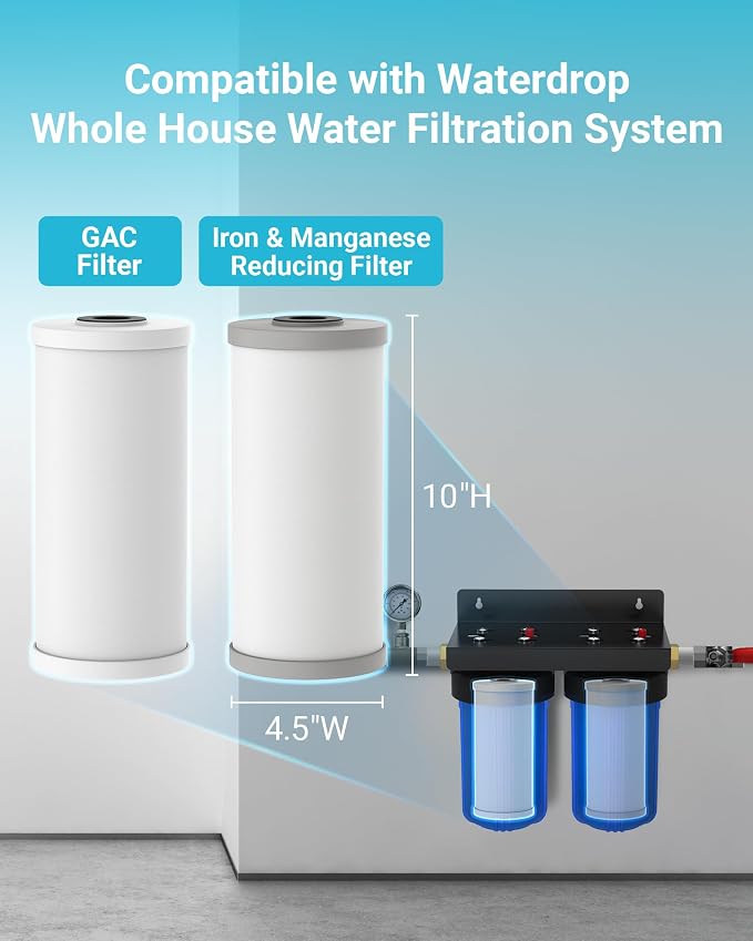 AQUA CREST WF10FG Whole House Water Filter, Compatible with WHF21-FG, GE GXWH40L, FXHTC, Ispring, Culligan® RFC-BBSA, Whirlpool®, Any 10" x 4.5" System, Reduces Iron and Manganese