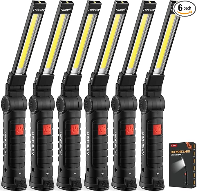 6Pack Magnetic Rechargeable LED Work Light/Flashlight for Mechanics | 360° Rotation, Super Bright, 5 Modes, Compact, Tail Hook, for Car Repairing, Garage, Emergency, Workshop, Gifts for Father