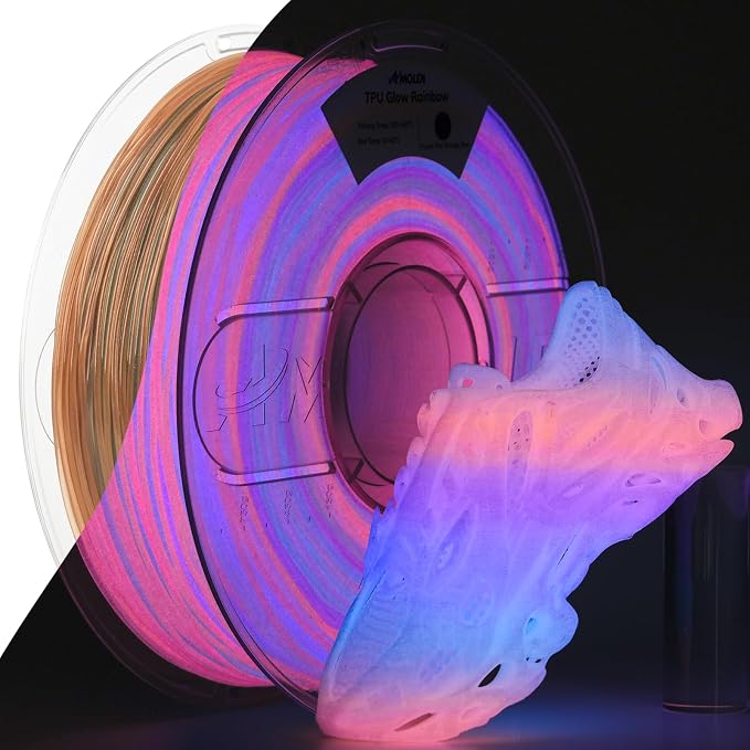 AMOLEN 95A TPU 3D Printer Filament, 1.75mm Glow in the Dark Rainbow Purple Pink Orange Blue, Soft TPU Flexible, High Hardness & Resilience, Best with UV Lamps, 1KG Spool(2.2lbs), Fit Most 3D Printers