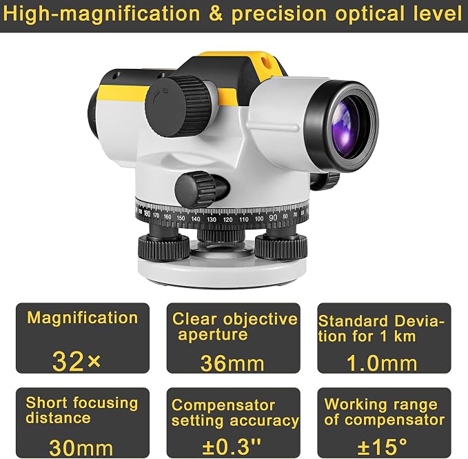 Firecore 32X Automatic Optical Level Kit with Self-Leveling Magnetic Dampened Compensator and Transport Lock, High Precision Height/Distance/Angle Level Measureing Tool - FC-32N