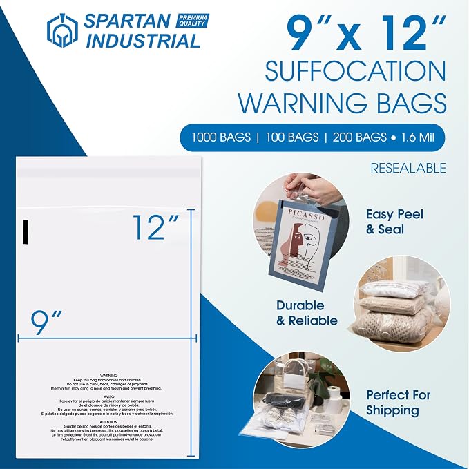 Spartan Industrial - 9” X 12” (1000 Count) Self Seal Clear Poly Bags with Suffocation Warning for Packaging, T Shirts & Shipping - Resealable Glue