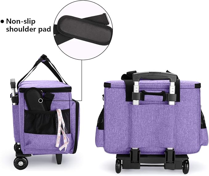 Yarwo Upgraded Rolling Sewing Machine Carrying Case, Detachable Trolley Tote Bag with Removable Bottom Board and Thickened Trailer Leg for Most Standard Sewing Machine and Accessories, Purple
