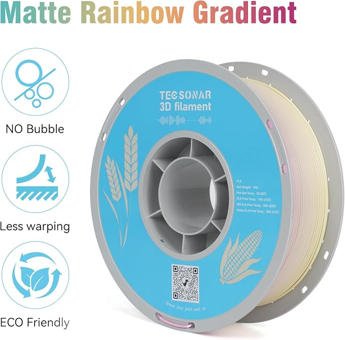 TECSONAR Matte Gradient PLA 3D Printer Filament 1.75mm, Matte Rainbow PLA 1kg Spool (2.2lbs), Dimensional Accuracy +/- 0.02 mm,Lollipop Color