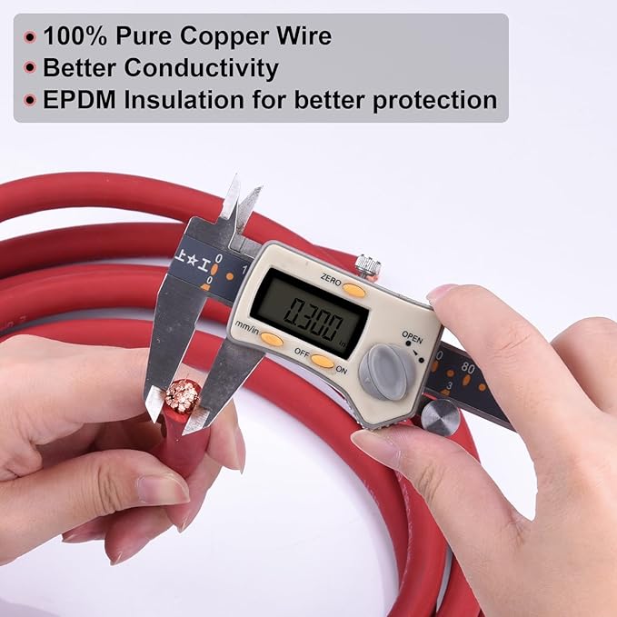 2 Gauge Battery Cable, 5FT Red + 5FT Black 2 AWG Pure Copper Wire Welding Cable, for Automotive, Battery, Solar and Generator, Standard USA OFC Wire
