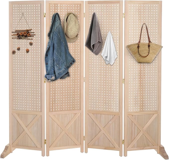 VINGLI Freestanding Pegboard with Support Feet, 5 FT Wood Room Divider Display Board Organizer, Folding Privacy Screen Partition Space Separator for Craft Shows Events Retail (Natural, 4 Panel)