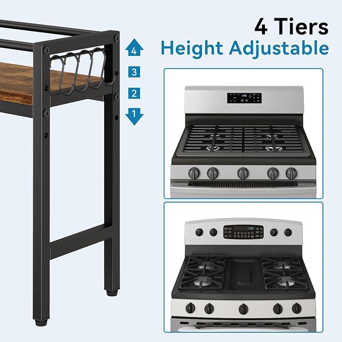 YMYNY 32.5" Spice Rack Over Stove Kitchen Organizer Vintage Brown UHSR008H | With 4 hooks & side basket, this shelf adds extra countertop storage for spices, utensils, oil bottles and kitchen essentials