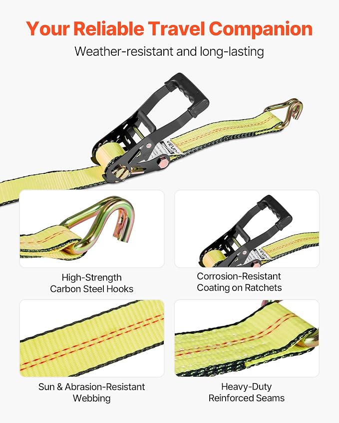 VEVOR Wheel Chock Tie-Down Kit, Deck-Style Trailer Tie Down Strap, Car Tie Down Kit with J-Hook, Break Strength 10009 lbs & Working Load 3333 lbs Motorcycle System for SUVs, Trailers, Trucks