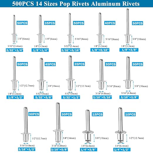 780pcs Pop Rivets with Washers Assortment Kit,14 Sizes Pop Aluminum Rivets(3/32 1/8 5/32 3/16 1/4 inch) and 4 Sizes washers,Assorted Blind Rivets for DIY/Automotive Repairs/Furniture with Box