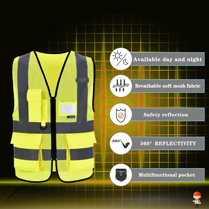 A-SAFETY ANSI/ISEA Standard Class 2 Hi-Vis Vest, Clear ID, Zip, Yellow, 2XL | Yellow 2XL Class 2 Polyester work vest with clear ID holder, mic tabs and reflective strips for road work and construction.
