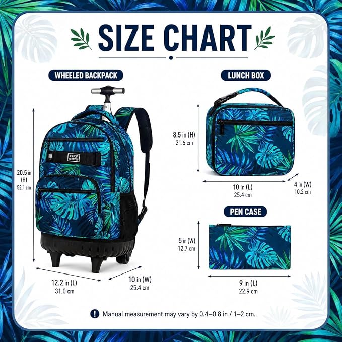 3Pcs Rolling Backpack for Boys Men, Travel Roller Backpacks with Wheels for Adults, Teens College Leaf Wheeled Bookbag with Lunch Box(Green)