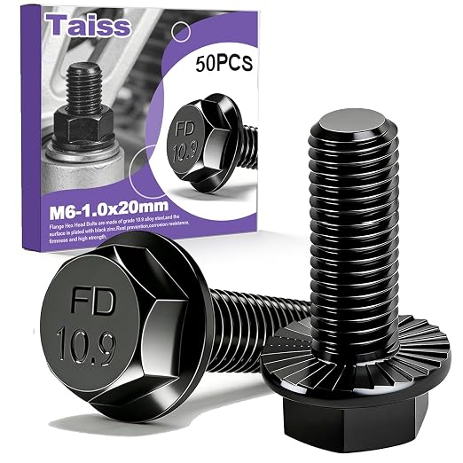 Taiss 50PCS M6-1.0 x 20mm Metric Flange Hex Head Bolts,Hex Drive Screws 10.9 Black Zinc Plated Alloy Steel,m6x1.0 Bolt,Full Thread Hex Bolts