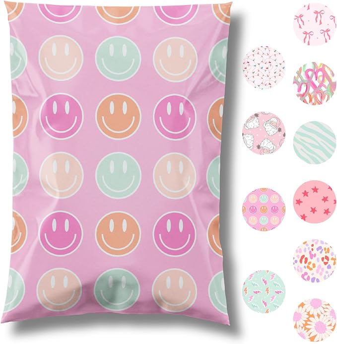 Pretty Package Store Designer Poly Mailers 14.5x19, Smiley Face, 100 Pack | Heavy Duty, Waterproof, Self Seal, Tear Resistant, Shipping Bags for Small Business Packaging, Bulk Mailing Envelopes