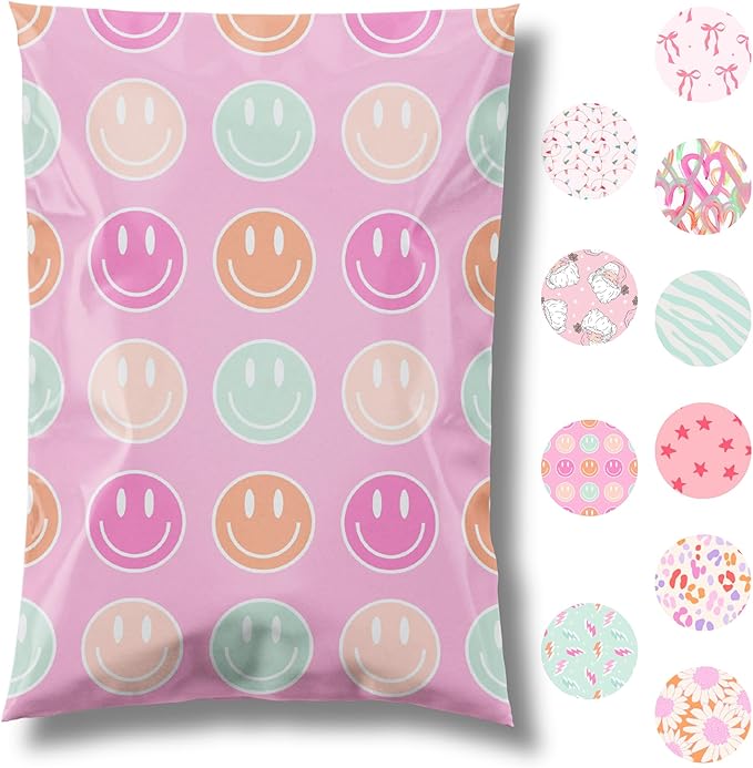 Pretty Package Store Designer Poly Mailers 6x9, Smiley Face, 100 Pack | Heavy Duty, Waterproof, Self Seal, Tear Resistant, Shipping Bags for Small Business Packaging, Bulk Mailing Envelopes