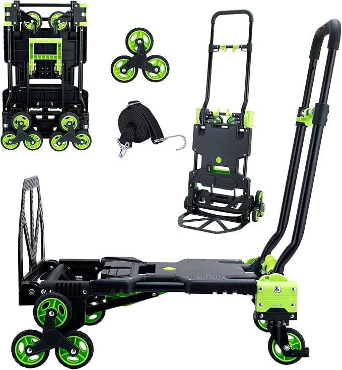 2-in-1Folding Hand Truck with Stair Wheels,330LB Portable Hand Truck Foldable Dolly for Stairs,Stair Climbing Dolly with Telescoping Handle for Supermarket,Home,Warehouse(Green)