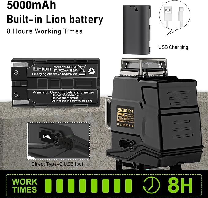 Laser level, Zokoun 360 self-leveling Laser Level 4D 16 lines green Laser Level with horizontal and vertical lines construction picture hanging, with magnetic bracket and 5000mAh lithium-ion battery
