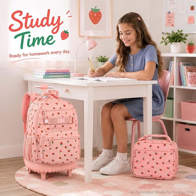 3Pcs Rolling Backpack for Girls Women, Travel Roller Backpacks with Wheels for Adults, Teens College Strawberry Wheeled Bookbag with Lunch Box (Pink)