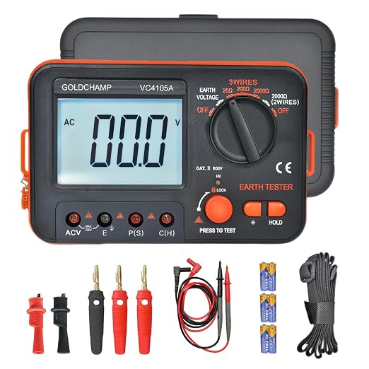 Professional Ground Earth Resistance Tester, 20/200/2000Ω Digital Meter with AC Voltage, Backlight LCD Display, Data Hold & Overload Protection, Safety Tester for Electricians, HVAC & Workers