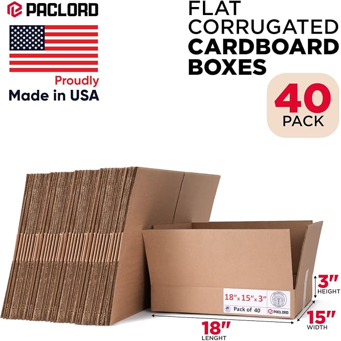 Flat Cardboard Boxes 18"L x 15"W x 3"H (Pack of 40) - USA-Made Packing Boxes for Moving, Shipping, or Storage - USPS, UPS, FedEx Approved - Professional Packing Supplies for Moving | USA-Made Packing Boxes for Moving, Shipping, or Storage - USPS, UPS, ...