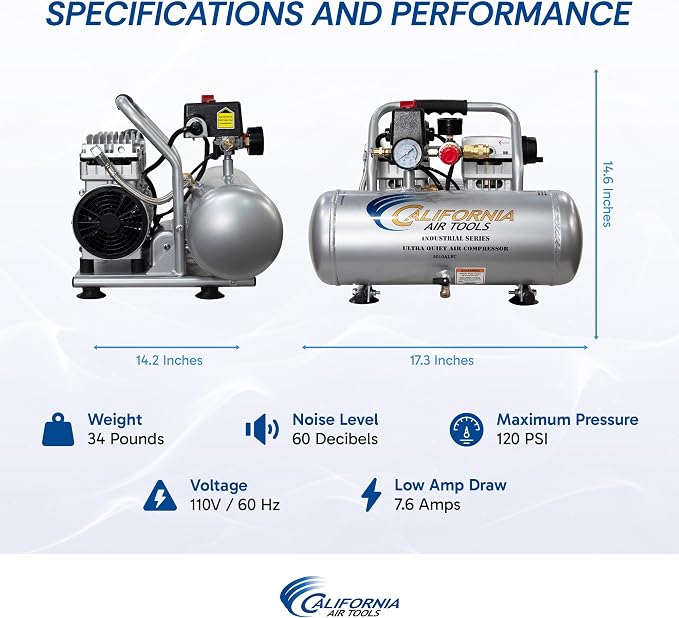 California Air Tools 2010ALFC 1.0 HP Ultra Quiet and Oil-Free Air Compressor, 2 Gallon Aluminum Tank, 60 dBA Noise Level, Industrial Series
