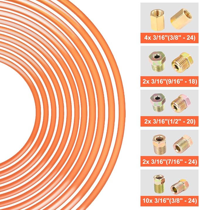 3/16" Brake Line - Easy to Bend Tubing - 25 ft 3/16 Copper Coated Brake Line + 16 x Brake Line Fittings and 4 x Threads Unions