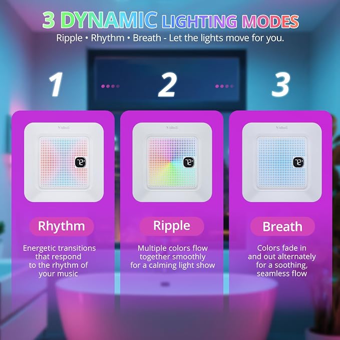 VallisCo Bathroom Exhaust Fan with Bluetooth Speaker, RGB Light & Remote, 230 CFM Quiet Ceiling Fan, 3 Dynamic RGB Lighting, 3000K–6000K Dimmable, Nightlight, Dual Installation
