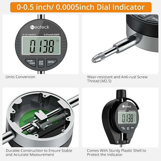 Neoteck Bore Gauge Set Digital Indicator Dial Bore Gauge (2-6"/0.0005") with Self-Centering Dial,Carbide Anvils, Insulated Grips for Deep Engine Cylinder Measurement-Black