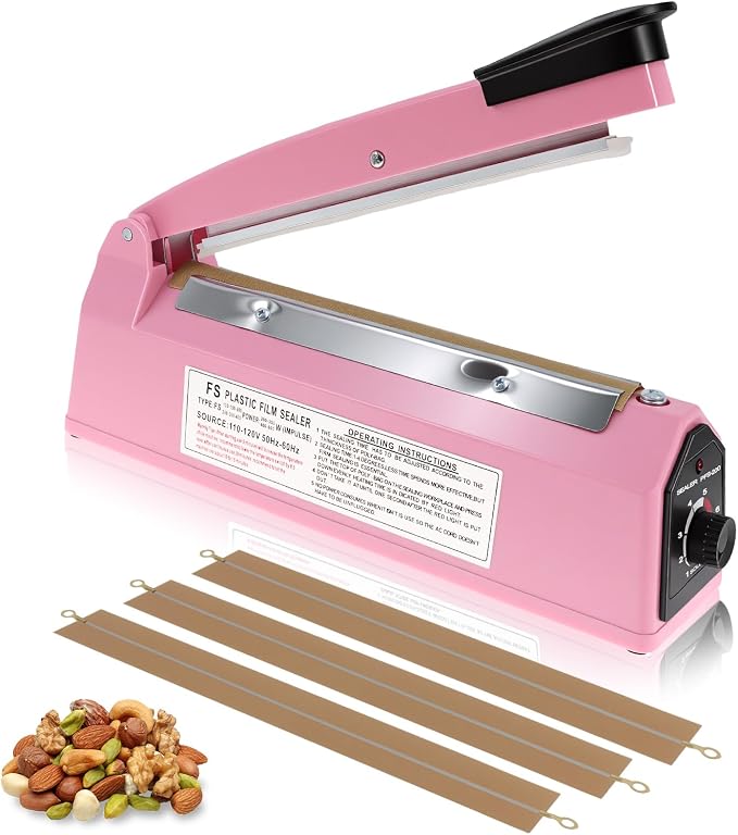 8 Inch Impulse Sealer, Manual Heat Sealer Machine for Mylar Bags, Shrink Wrap Bag Sealers Sealing Machine for Plastic PE PP Bags with 3 Free Replacements Kit Element Grip, Pink