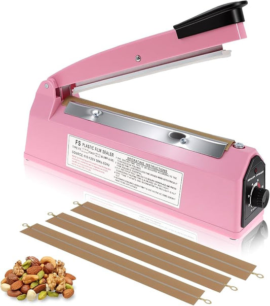 8 Inch Impulse Sealer, Manual Heat Sealer Machine for Mylar Bags, Shrink Wrap Bag Sealers Sealing Machine for Plastic PE PP Bags with 3 Free Replacements Kit Element Grip, Pink