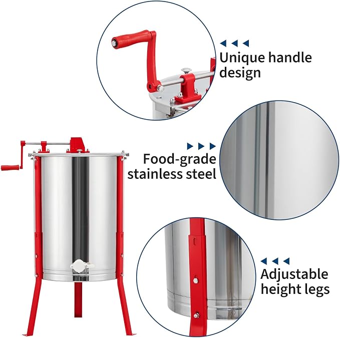 Large 2/4 Frame Honey Extractor, Manual Stainless Steel Beekeeping Equipment, Honeycomb Drum Spinner with Transparent Lid & Adjustable Stand for Apiary Home Kitchen