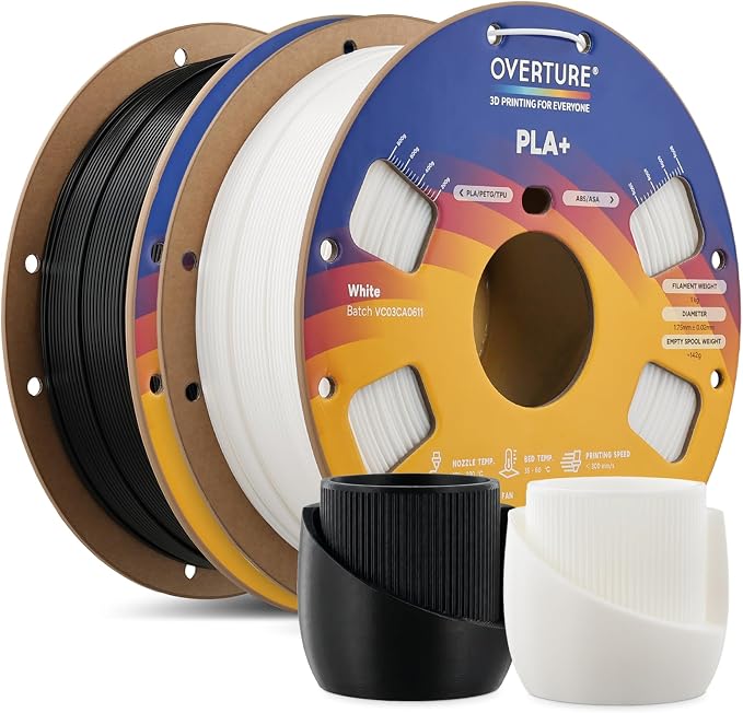OVERTURE 2KG Bundle High Speed PLA+ 3D Printer Filament 1.75mm, Upgraded Rapid PLA 2.0 with Enhanced Toughness & Stability, 2 Pack 1kg Spool (2.2lbs) Fit Most FDM 3D Printers (Black+White)