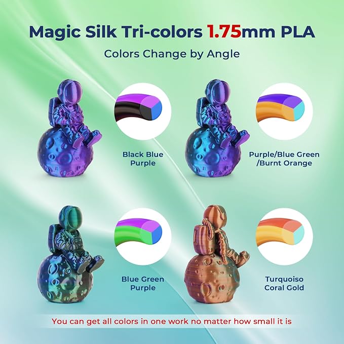 AMOLEN Silk PLA Filament 1.75mm, Triple Colors 3D Printer Filament Bundle, Shiny 3D Printer Filament Dimensional Accuracy +/- 0.02mm, Silk PLA Filament Fits for Most FDM 3D Printers, 200g X 4 Pack