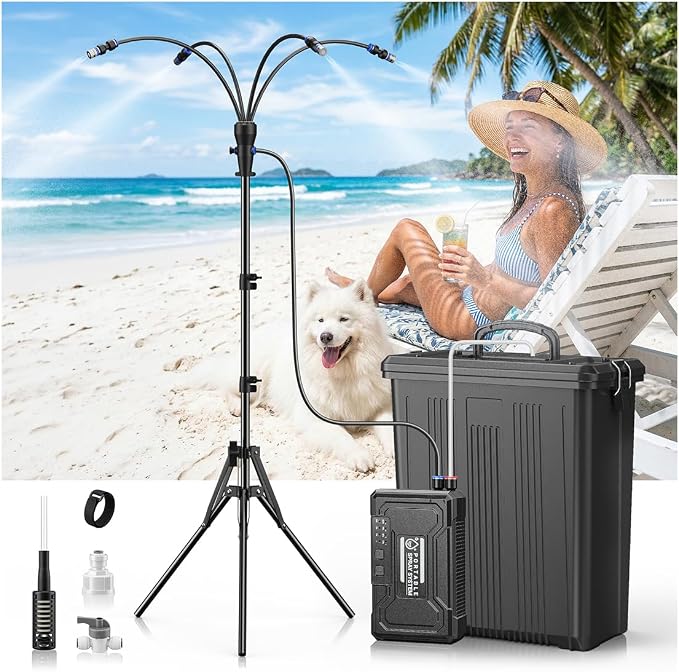Portable 4 Gallon Misting System with 15000mAh Rechargeable Pump, Stand, 33FT Hose – Powerful Outdoor Water Bucket Misters for Outside Patio Cooling, Backyard, Canopy, Sports, Greenhouse, Camping