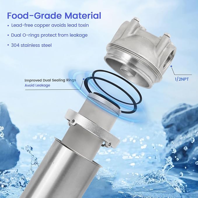 NSF/ANSI 42 Stainless Steel Whole House Water Filter Housing, 10" x 2.5" Sediment Water Filter System for Heavy Duty, Well & City Water, 1/2" NPT Port, Drain Valve Style C(Square Head)