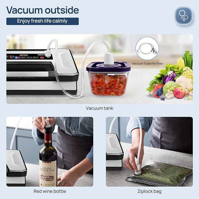 Vakumar Vacuum Sealer Machine, 90Kpa Liquid Food Vacuum Sealer Machine Preservation Dry/Moist/Liquid Modes, LED Indicator Light, Handle Locked Design, Built-in Cutter and Bag Storage, Starter Kit
