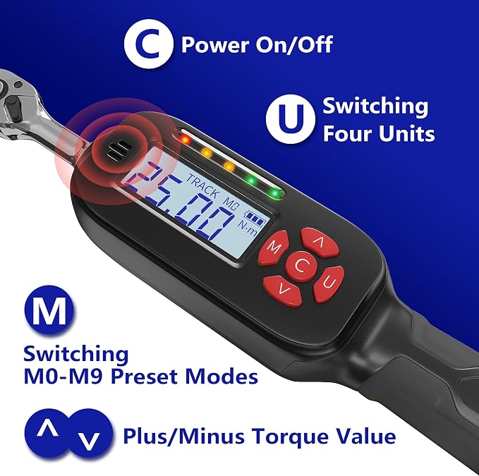 1/4 Inch Drive Digital Torque Wrench, 1.1-22.1Ft.lb/1.5-30Nm Electronic Bike Torque Wrench, ±2% Accuracy with Preset Value, Data Storage, Buzzer and LED Flash Notification for Bicycle Moto
