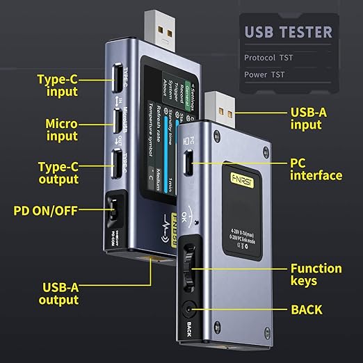 FNIRSI USB Tester 4-28V 7A LCD USB A&C Voltage Current Power Tester Multimeter with App Software, Fast Charge Detection Trigger Capacity Ripple Measurement, PD2.0/PD3.0,QC2.0/QC3.0