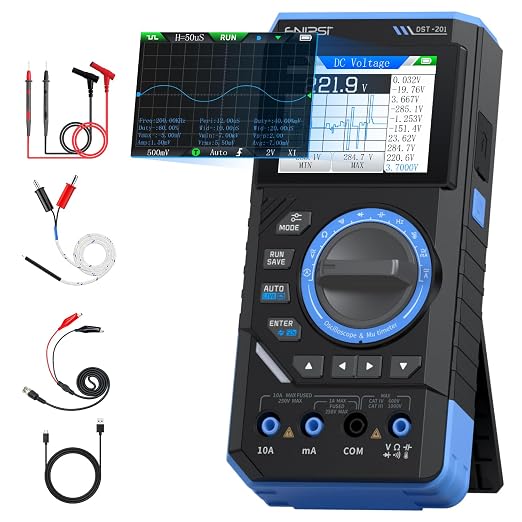 FNIRSI DST-201 3IN1 Digital Multimeter 19999 Counts TRMS, 1MHz Bandwidth Handheld Oscilloscope Multimeter DDS Generator, 5MSa/s Sample Rate, AC/DC Voltage Current Capacitor Resistor Diode Temperature