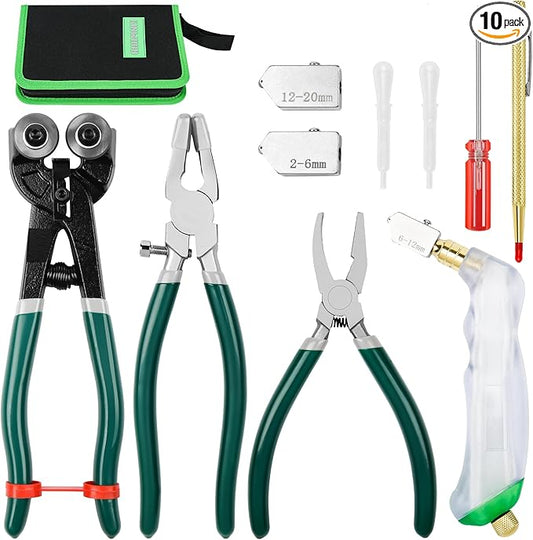 10Pcs Heavy Duty Glass Cutters Tools Kit, Wheeled Glass Tile Nippers Glass Running Breaking Pliers, Breaker Grozer Pliers with Curved Jaws, for Stained Glass, Mosaics, Fusing, Breaking