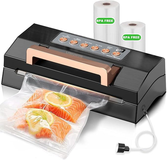 Powerful Suction Vacuum Sealer Machine,Commercial Fully Automatic Food Vacuum Sealer with Double Heat Seal,Dry & Moist Modes,Built-in Cutter,Bags Storage,Easy-Lock Handle,Include 2 Bag Rolls (Black)