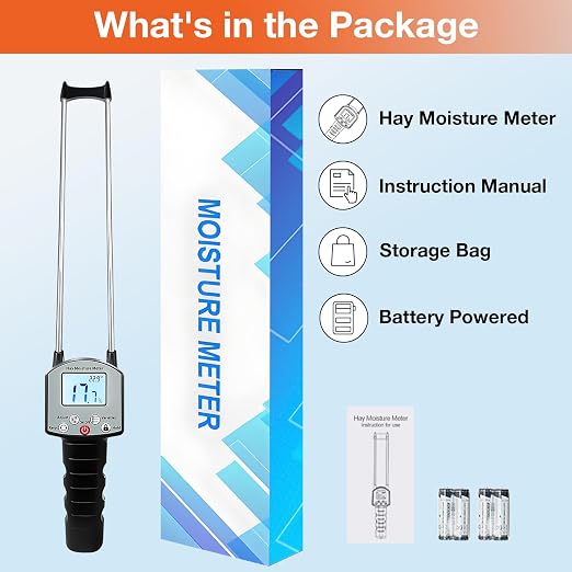 Hay Moisture Tester, Portable Precise Hay Moisture Meter, Hay Forage Bale Moisture Tester with Dual Probe, Automatic Temperature Compensation for Alfalfa, Forage, Orchard Grass, Bales
