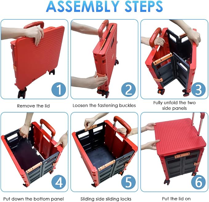 Foldable Utility Cart Portable Collapsible Crate Rolling Carts with Wheels Rolling Tote Basket Teacher Cart with Lid Wear-Resistant 360°Rotate Wheel Noiseless for Shopping Storage Office Use