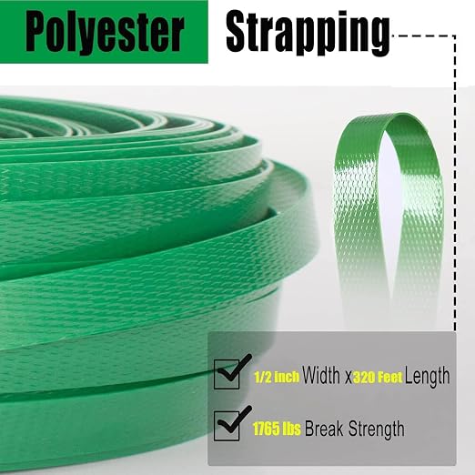 Heavy Duty Pallet Packaging Strapping Tool,Banding Strapping Kit, Strapping Tensioner Tool, Sealing Tool, 1/2" x 320’Polyester (PET) Strapping Roll, 100 pcs Open Metal Clips for Packing