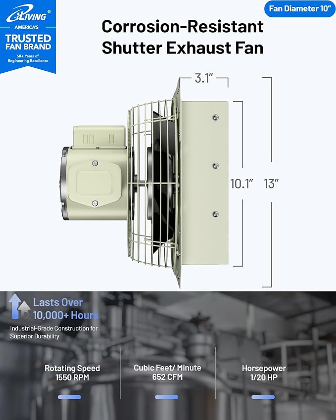 iLIVING 10-Inch Corrosion Resistance Shutter Exhaust Fan, Single Speed